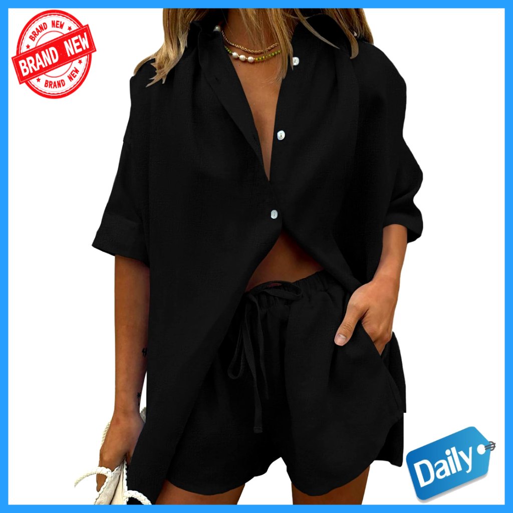 Long Sleeve Button Down Blouse And Shorts Sweatsuit Set, 2 Piece Outfit